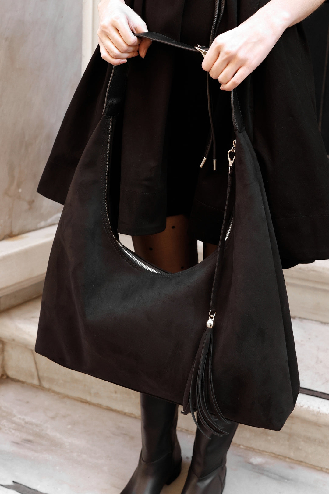 SORRE XL Suede Omuz Çantası | Siyah