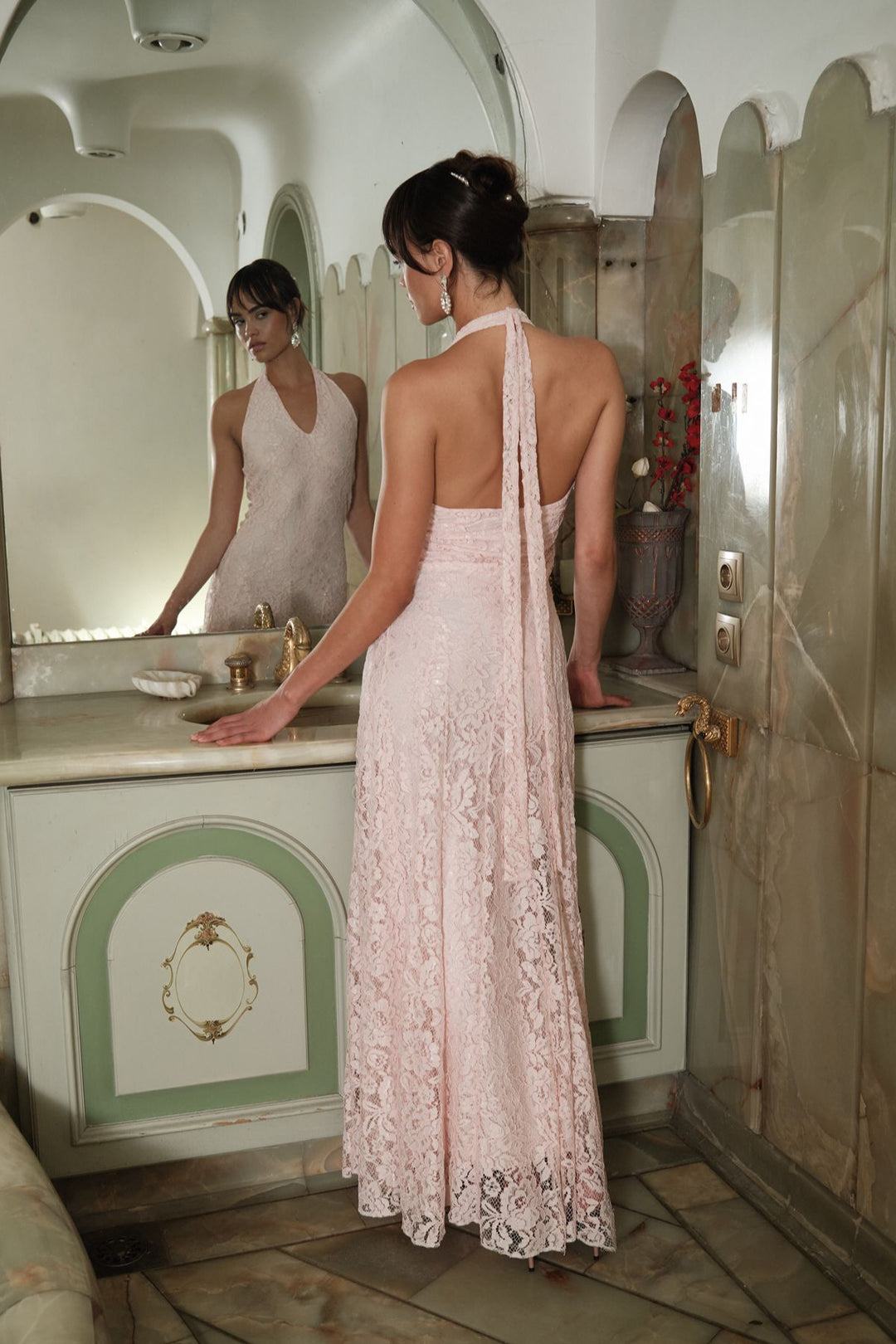 ROMANA Dantelli Uzun Elbise | Pembe