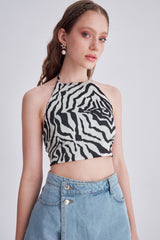 Zebra Desenli Sırtı Çift Bant Detaylı Saten Crop Top