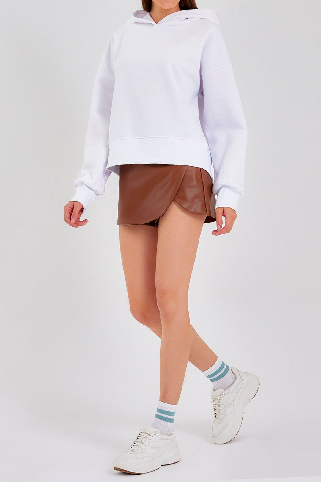 LEAH Kahverengi Şortlu Deri Etek