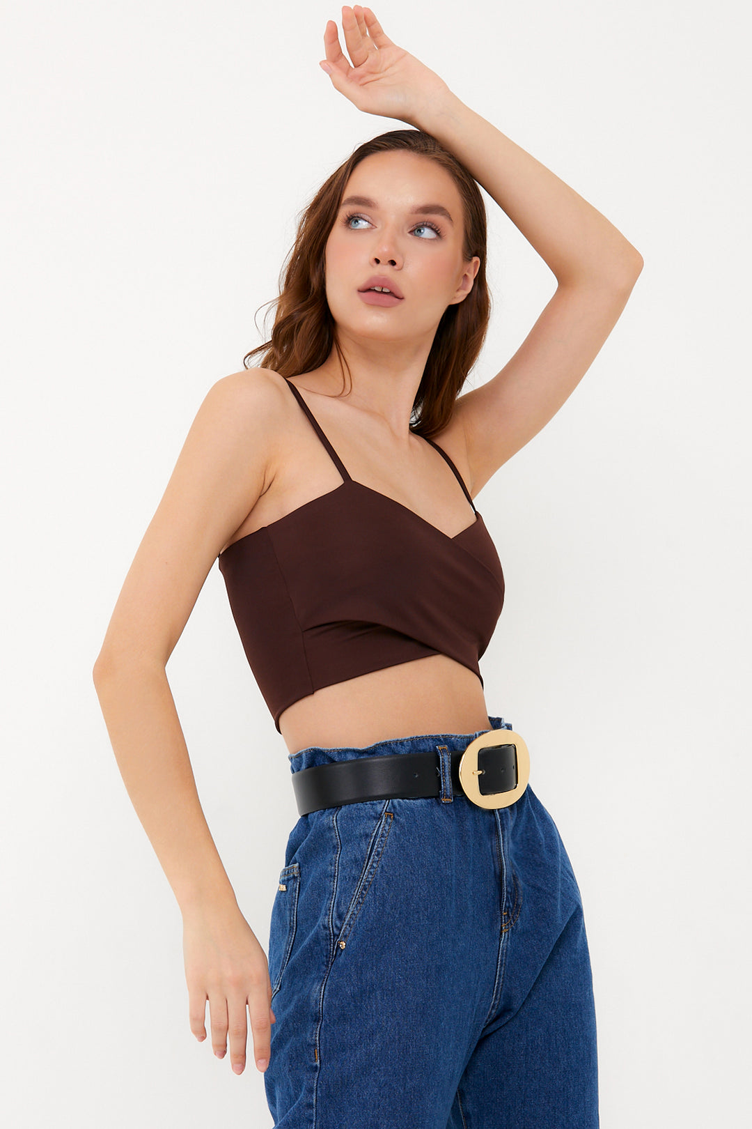 DIONE Kahverengi Çapraz Askılı Crop Top
