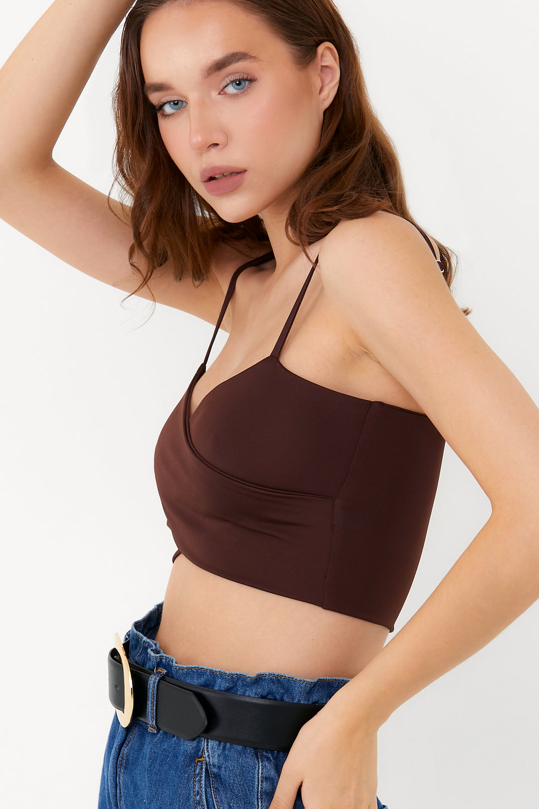 DIONE Kahverengi Çapraz Askılı Crop Top