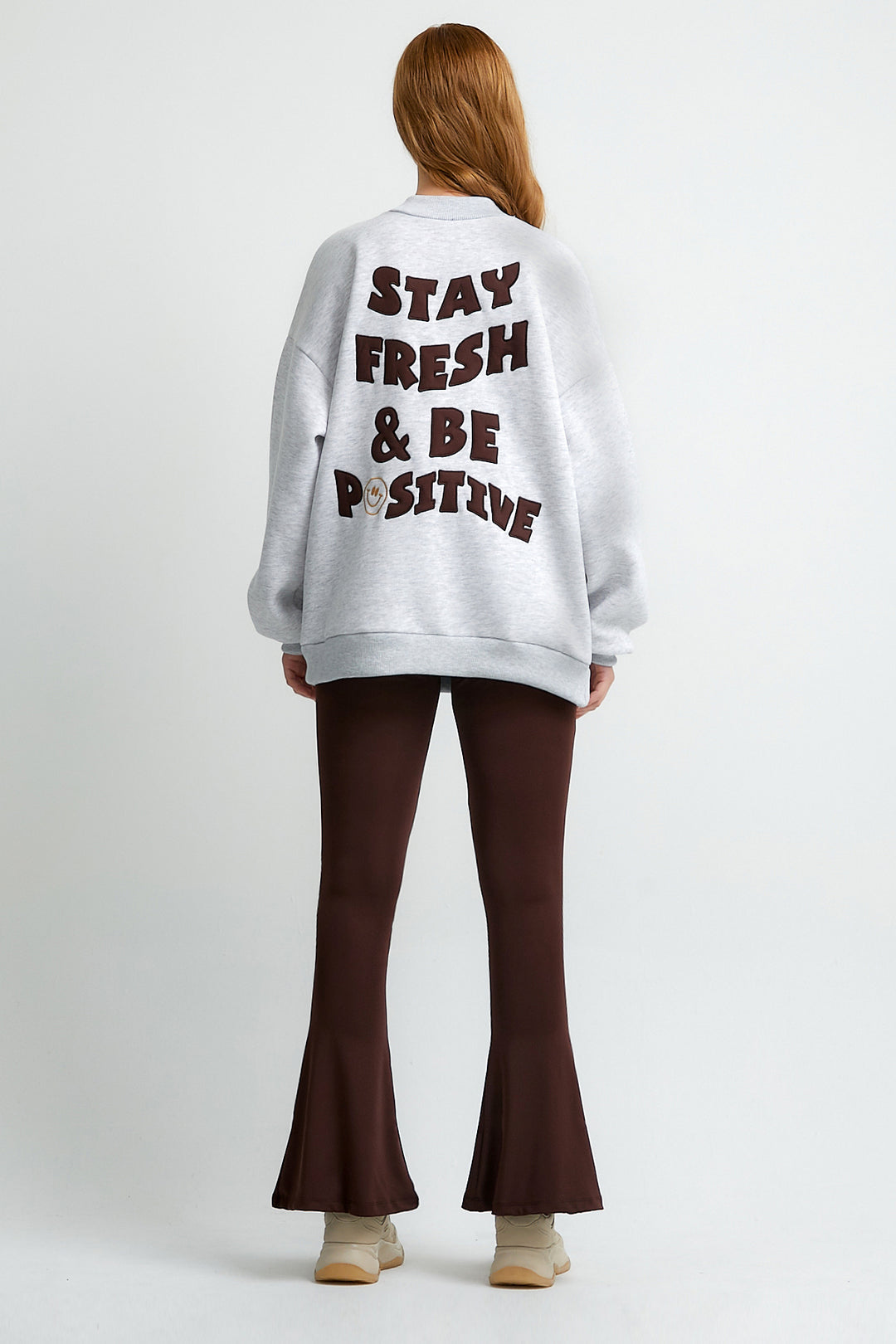 Gri Stay Fresh And Be Positive Nakışlı Oversize Sweatshirt