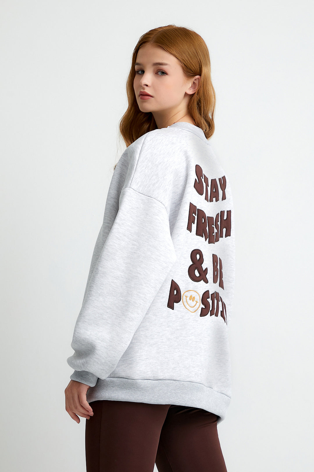 Gri Stay Fresh And Be Positive Nakışlı Oversize Sweatshirt