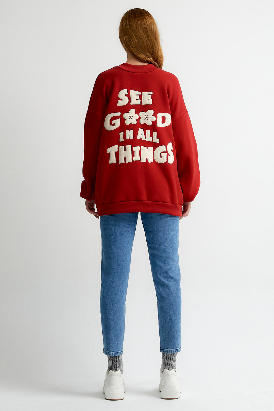 Kırmızı See Good In All Things Nakışlı Oversize Sweatshirt