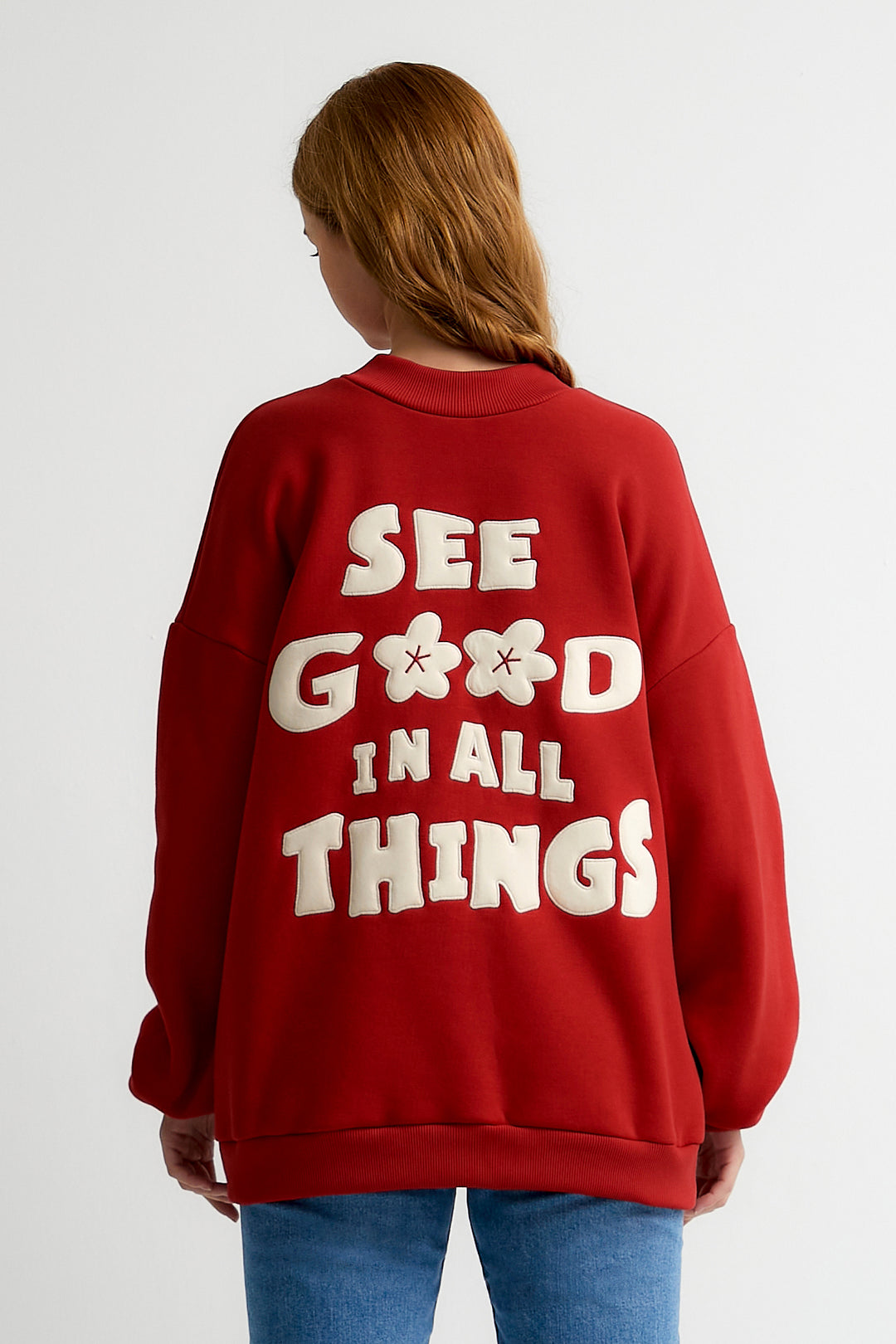 Kırmızı See Good In All Things Nakışlı Oversize Sweatshirt