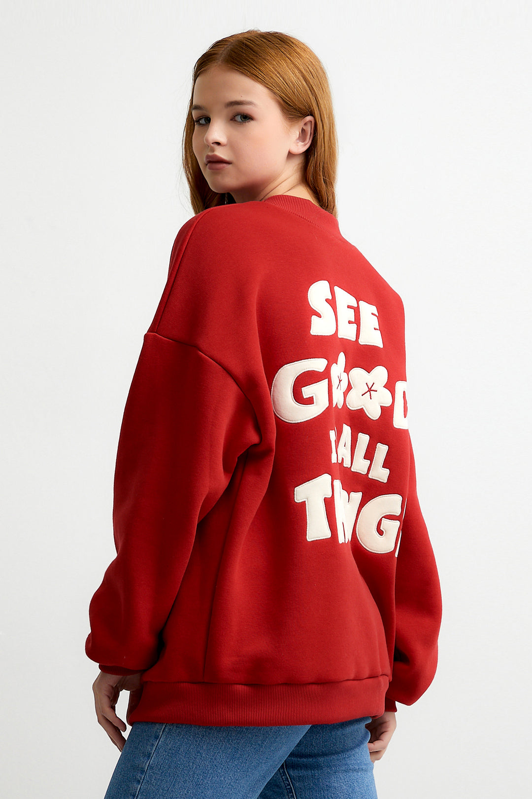 Kırmızı See Good In All Things Nakışlı Oversize Sweatshirt