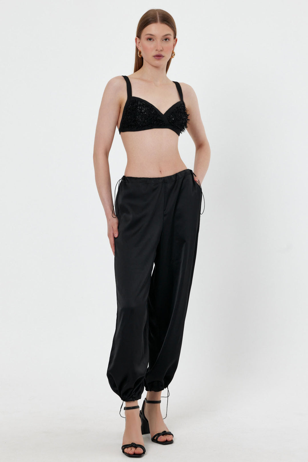 LUEALLA Siyah Saten Jogger Pantolon